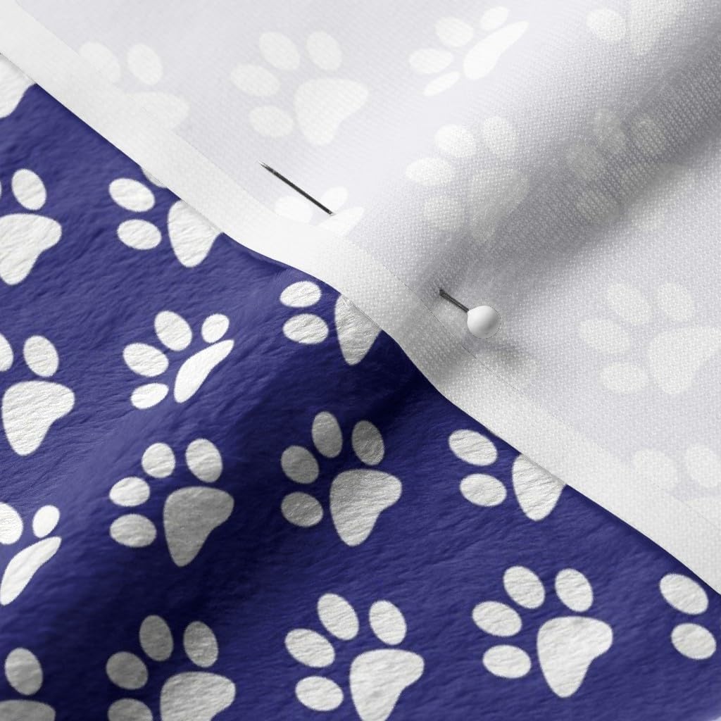 Spoonflower Fabric - White Paw Prints Midnight Blue Dogs Cat Kitten Puppy Print Animal Printed on Minky Fabric by The Yard - Sewing Baby Blankets Quilt Backing Plush