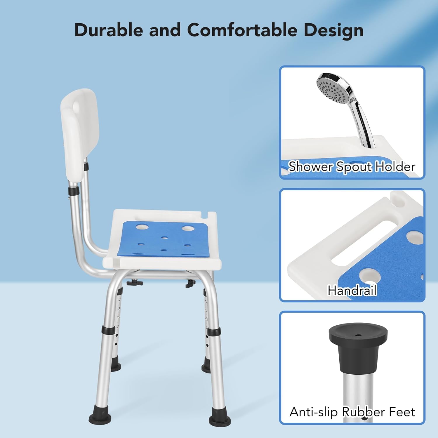 Careboda krzesło prysznicowe, 6 wysokości, montaż bez użycia narzędzi | Alum bath chair, 6 ht tool-free, soft cushion, non-slip, 136kg, elderly/pregnant/disabled.