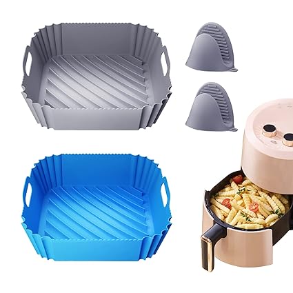 2 Pcs Air Fryer Silicone Liners Square 8.5 Inches, Silicone Air Fryer Liners, Non-Stick Food-Grade Reusable Air Fryer Liners Silicone for 4 to 8 Qt Airfryer with 2 Pcs Heat-Proof Gloves