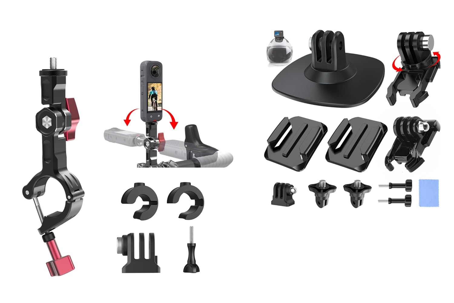 UNSTINCER 360° drehbarer Klebehalterung + Lenker Action Kamera Halterung für 7-35mm Stange Bundle