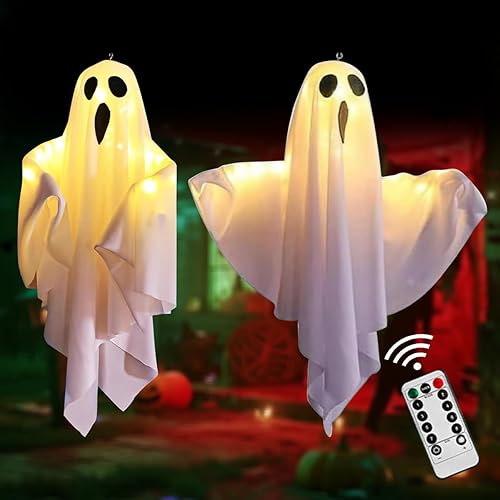 2 Pcs Glowing Hanging Ghosts Halloween Decor Indoor/Outdoor - Light