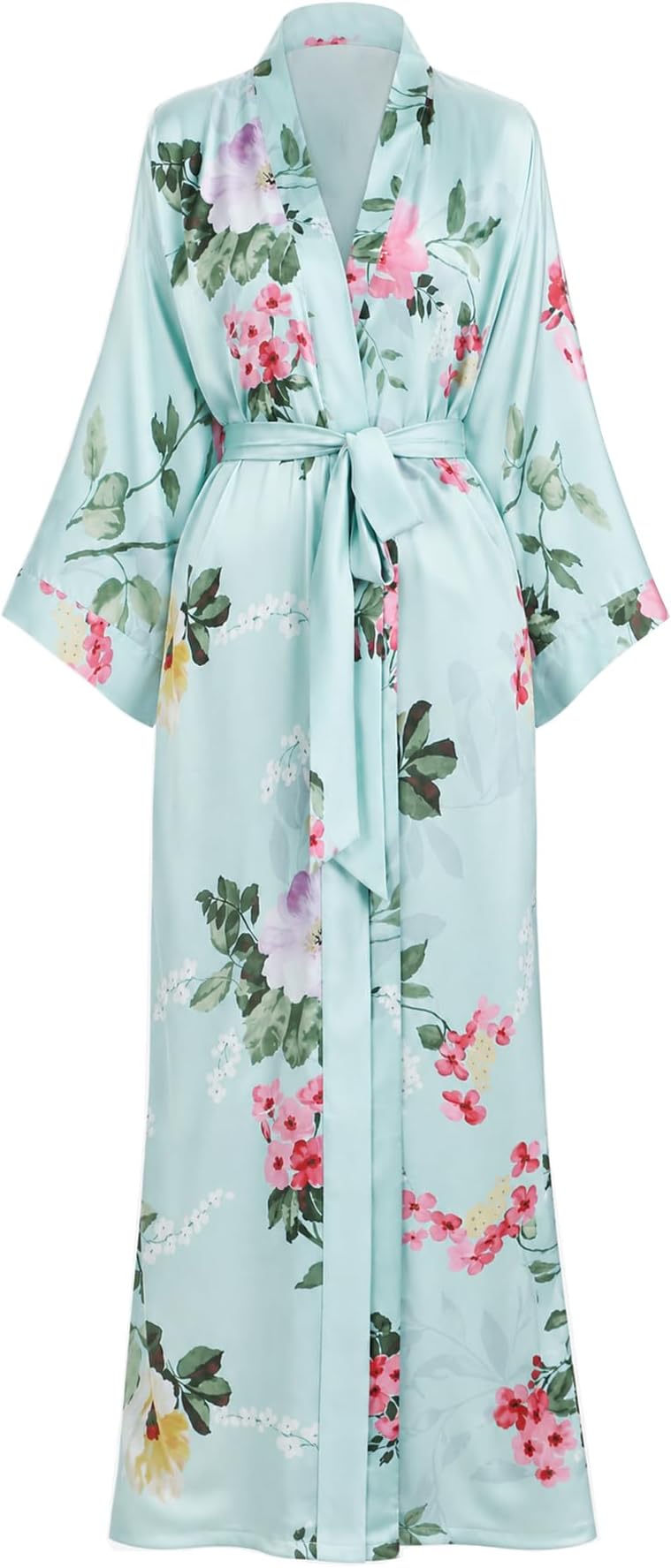 Aensso Long Floral Kimono Robe for Women Luxury Lightweight Silky Japanese Satin Bathrobe for Bridal, Spa & Lounging, Cyan Flowers, One Size