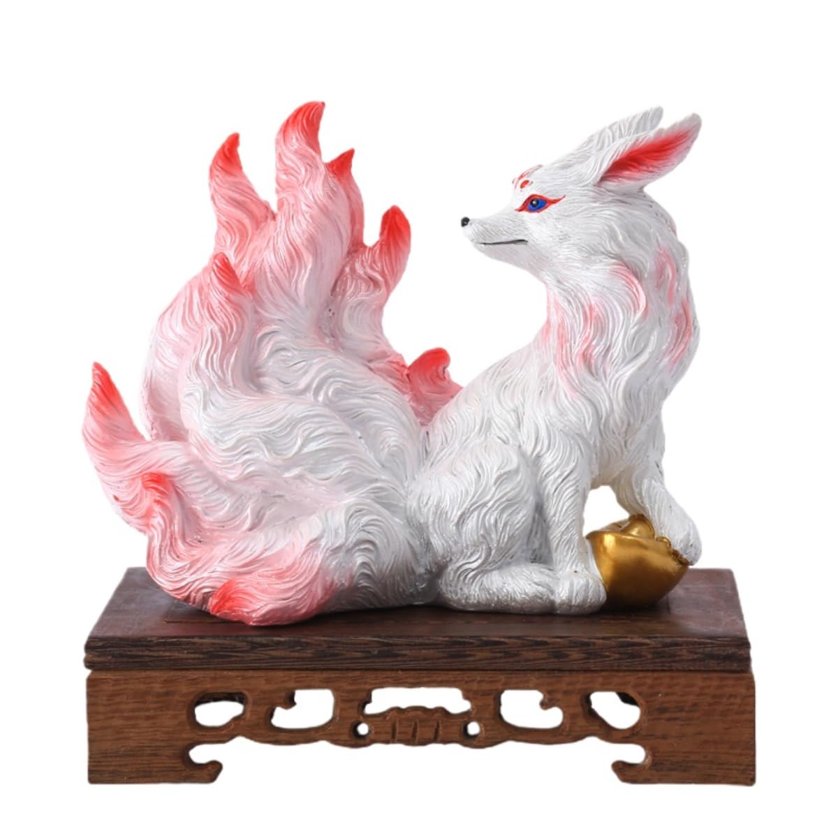 AOTTSD Resin 3D Nine Tailed Fox Sculpture Ornament Small Fox Statue Mascot Spirit Fox Office Home Desktop Decoration Collectibles (Fox+Wooden Base)