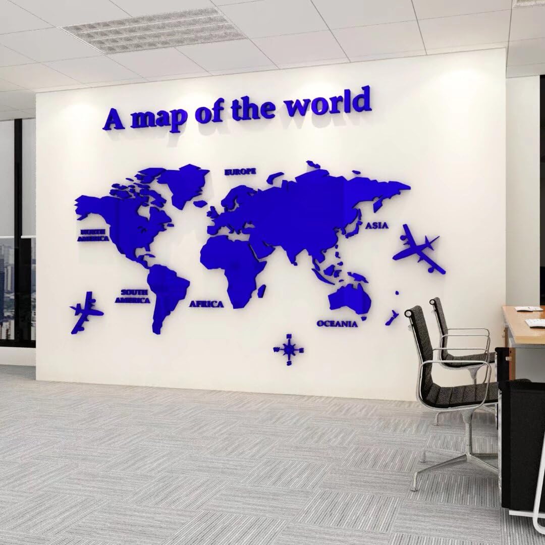 Shuanghao Wall Stickers Murals Background Poster Decoration Mirror Fashion Art Creative Acrylic 3D World Map Mundi for Office Study Living BedRooms Home Large Murals Wall Decals Stickers Blue120*60