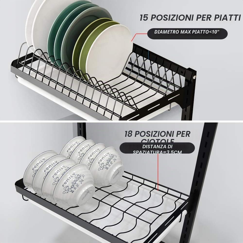 junyuan Scolapiatti da appendere a parete, scolapiatti a 3 ripiani, con vassoio di scarico con 3 ganci, in acciaio inox, nero, grande, altezza regolabile