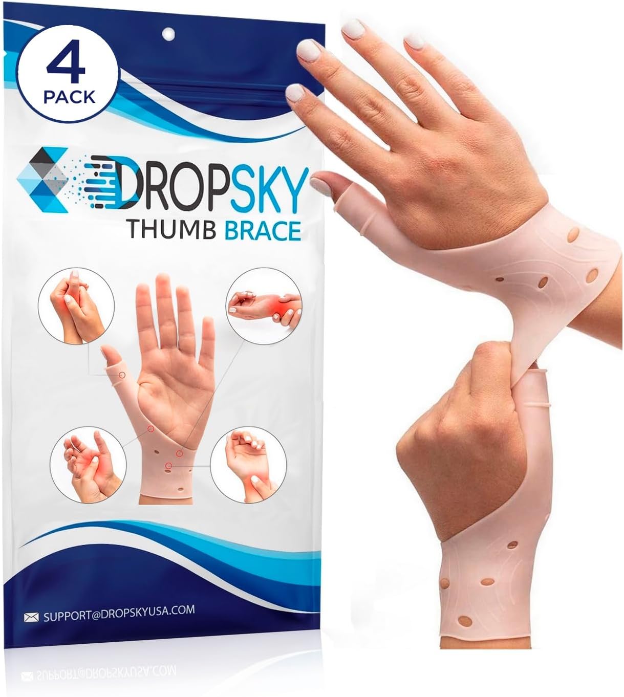 DropSky [4pcs] Gel Wrist Thumb Support Braces Soft Waterproof Breathable, Relief Pain Carpal Tunnel, Arthritis Thumb, Fits Both Hands, Lightweight, Therapy Elastic Silicone, Stabilizer Support [Nude]