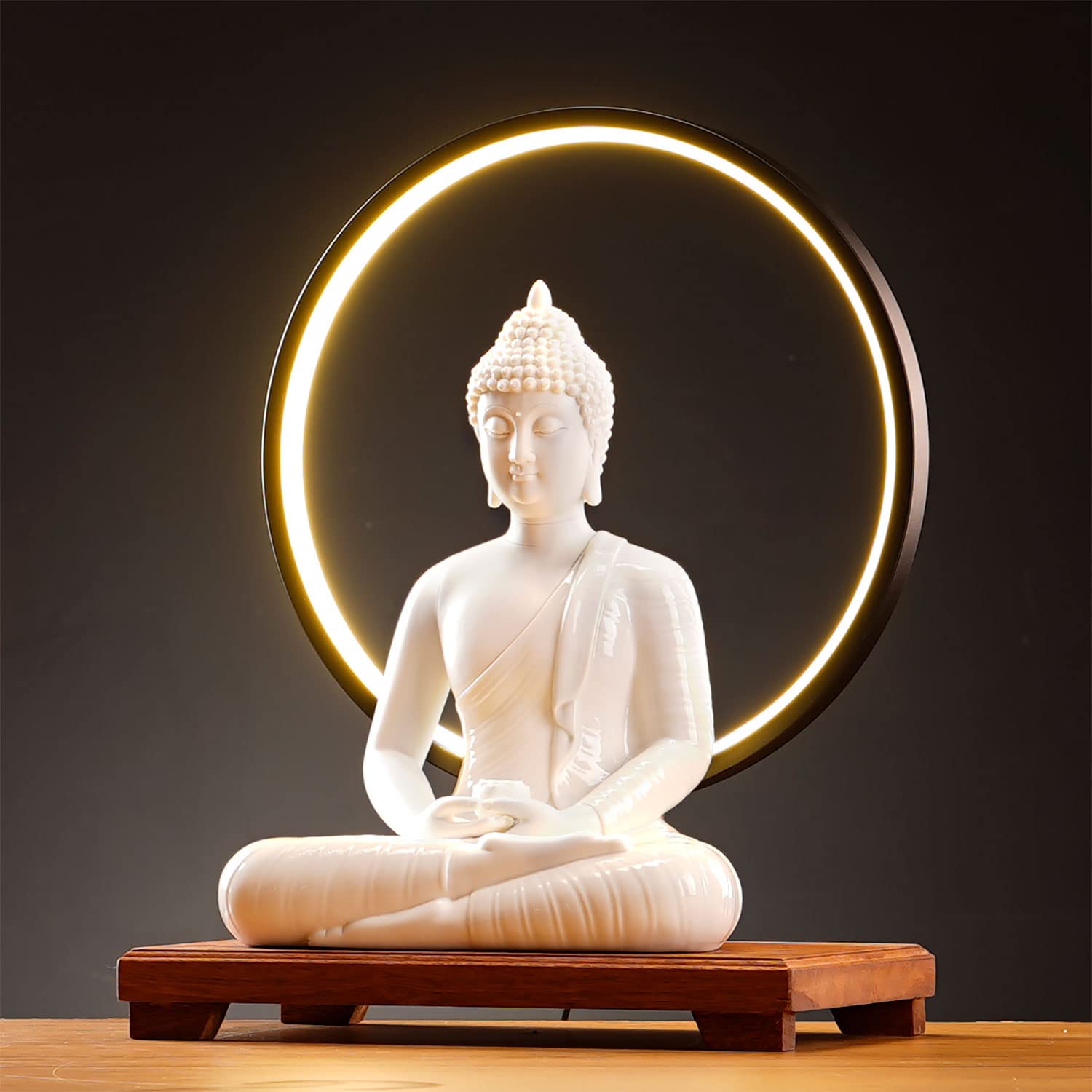 Houlu 12 in White Buddha Statue and 15.74 in LED Circle Table Lamp