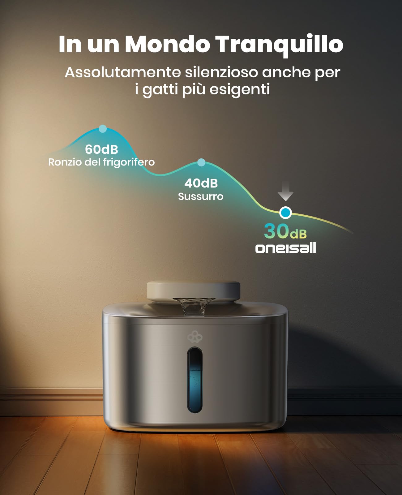 oneisall Fontana per gatti senza fili, Fontana per gatti da 3,5L in acciaio inox, batteria da 5000 mAh, fontanella per gatti con rilevatore di movimento, pompa dell'acqua silenziosa, 3 filtri