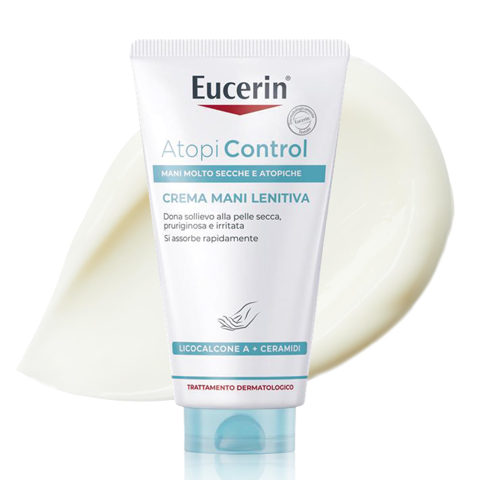 Eucerin Atopi Control Crema Mani Lenitiva 75 ml, Crema dermatite atopica mani per un sollievo immediato, Formula riparatrice con Ceramidi per pelle secca, screpolata, atopica e con eczema