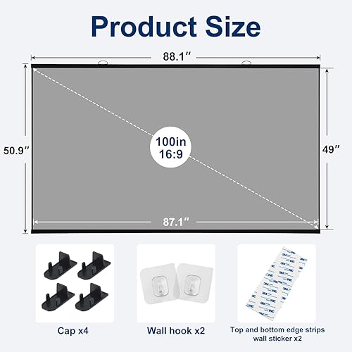 Miniatura 7 de Fresnel - Pantalla de proyector de 100 pulgadas, pantalla de proyector antiluz 169 plegable, antiarrugas, portátil, pantalla de películas para cine