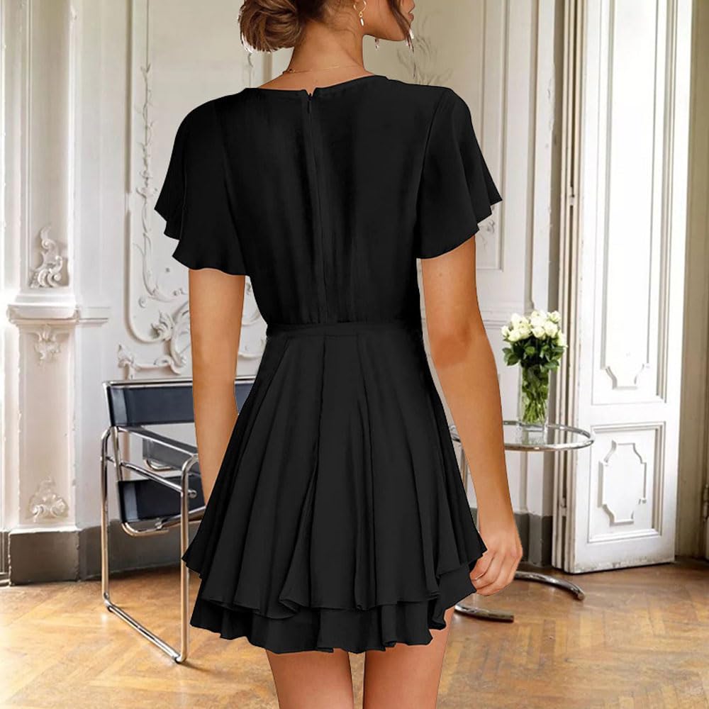 Vestito Donna Maniche Corte Scollo V Orlo a Volant Pieghe Abiti Miniabito da Sera Cocktail Party