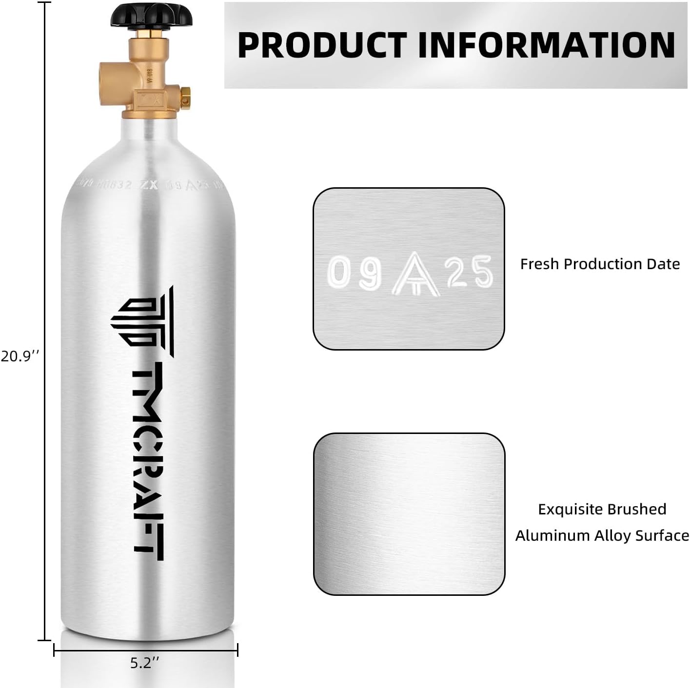TMCRAFT 22 Cu.Ft Nitrogen Cylinder, High-Strength Aluminum Alloy Inert Gas Tank, DOT Approved Gas Tank with CGA-580 Valve (Ships Empty)