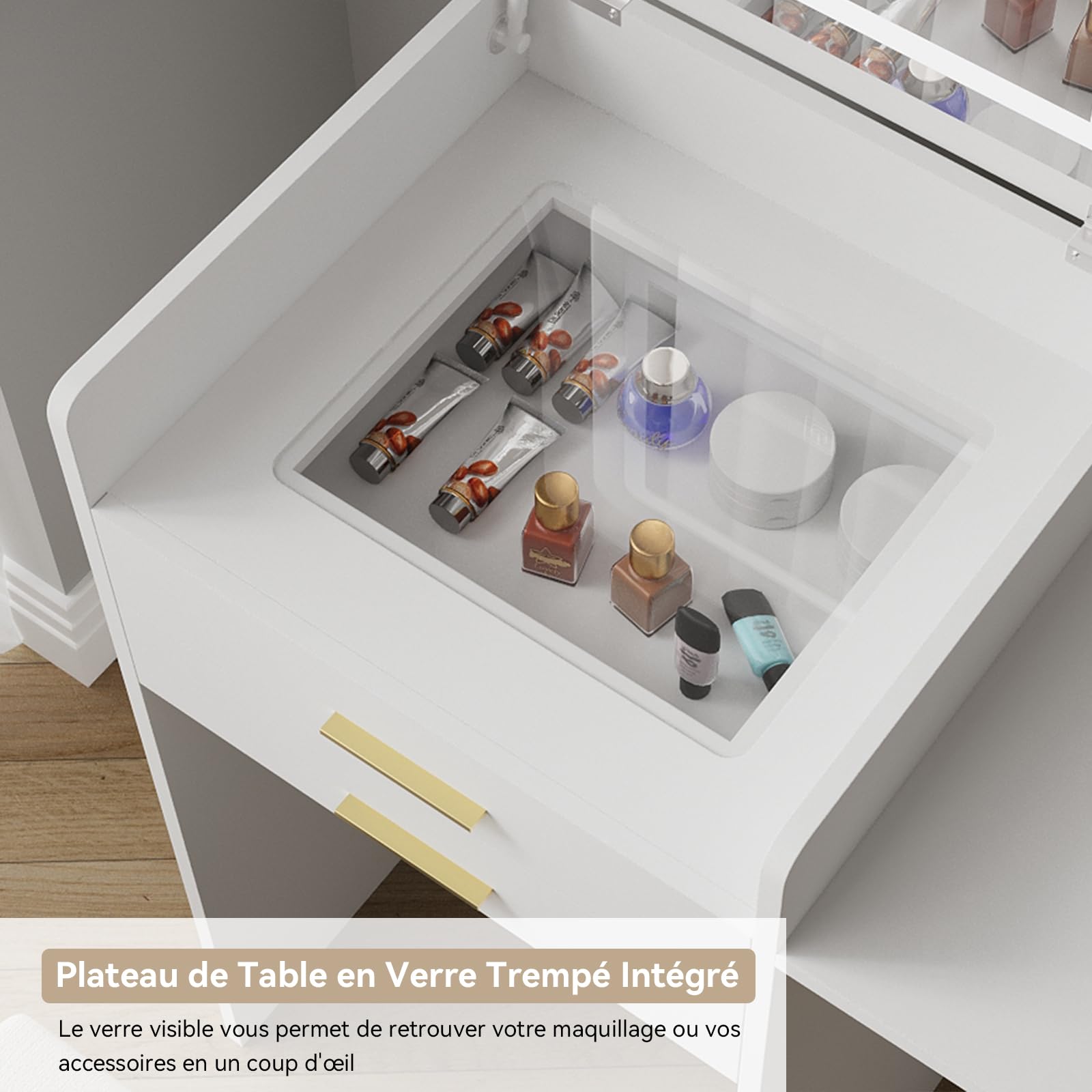 YU YUSING Coiffeuse 3 en 1 avec Miroir LED Rabattable 50-75cm, Tabouret de Rangement, 2 Tiroirs et Plateau en Verre, Table de Maquillage Gain de Place, Petite Coiffeuse en Bois, Moderne, Blanc