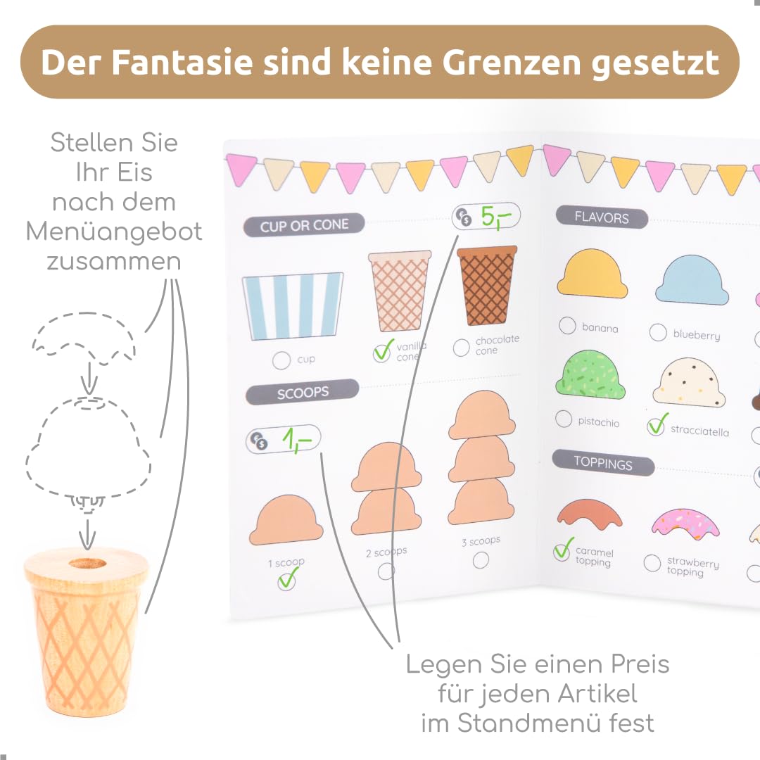 UMU® Kinder Eisdiele aus Holz - Eisladen inkl. Küchenzubehör, Spielgeld, Menükarte usw., Kinderküche Kaufläden & Zubehör zum Rollenspiel, 37-TLG. Holzspielzeug für Kinder ab 3 4 5 6 Jahren