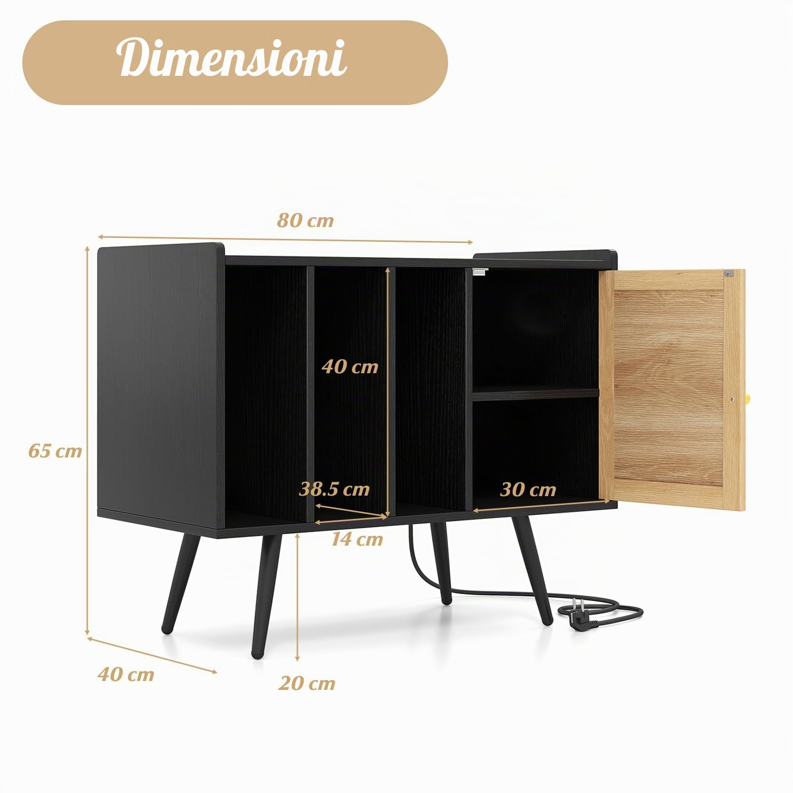 KOMFOTTEU Supporto per Giradischi con Stazione di Ricarica, Mobile Vinili con 3 Ripiani Aperti e Porta in Rattan, Espositore per Dischi con Ripiano Regolabile per Soggiorno, Studio (Nero)