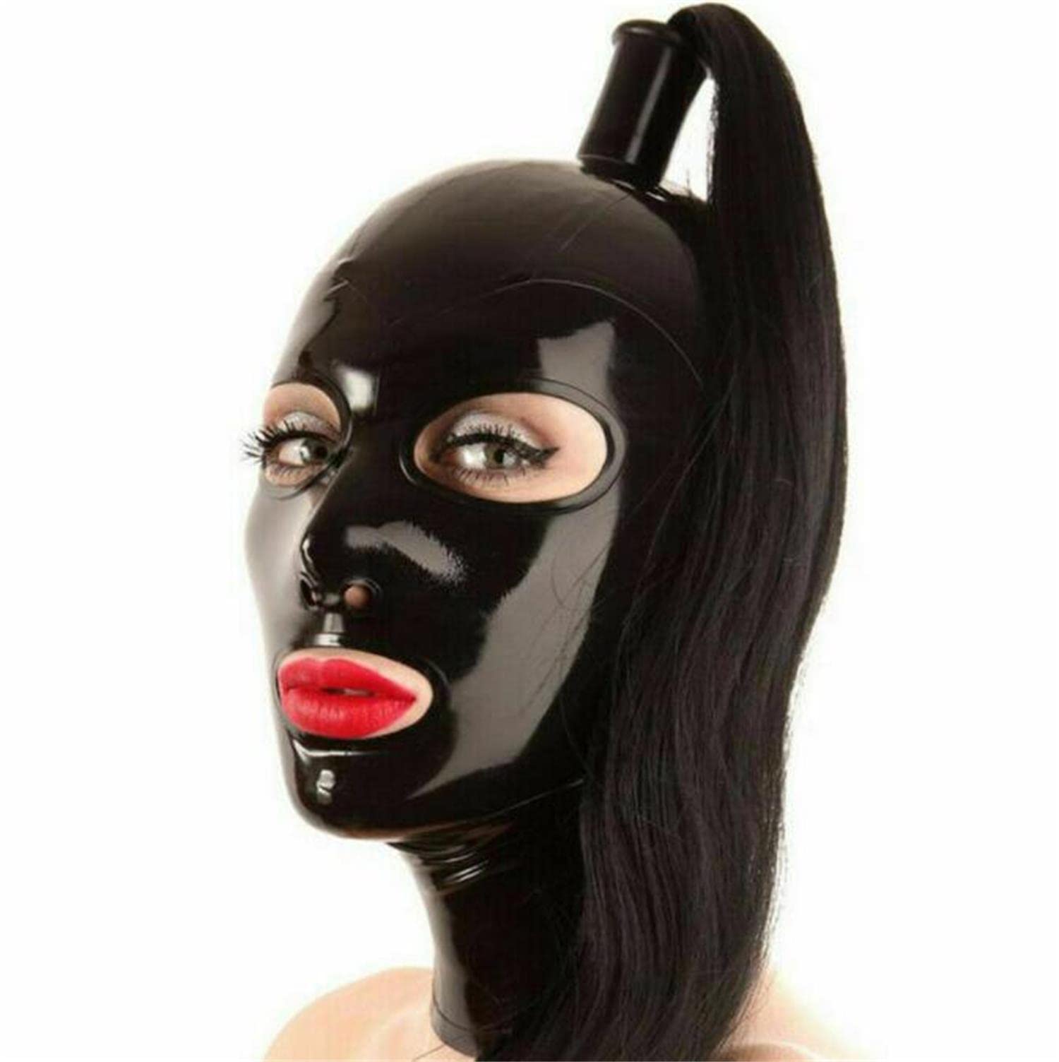 Negro Látex Cabeza Cubrir con peluca Negro,Látex Máscara de Cabeza Capucha de Goma Cabeza Cubierta Para Cosplay Fiesta Ropa de Club