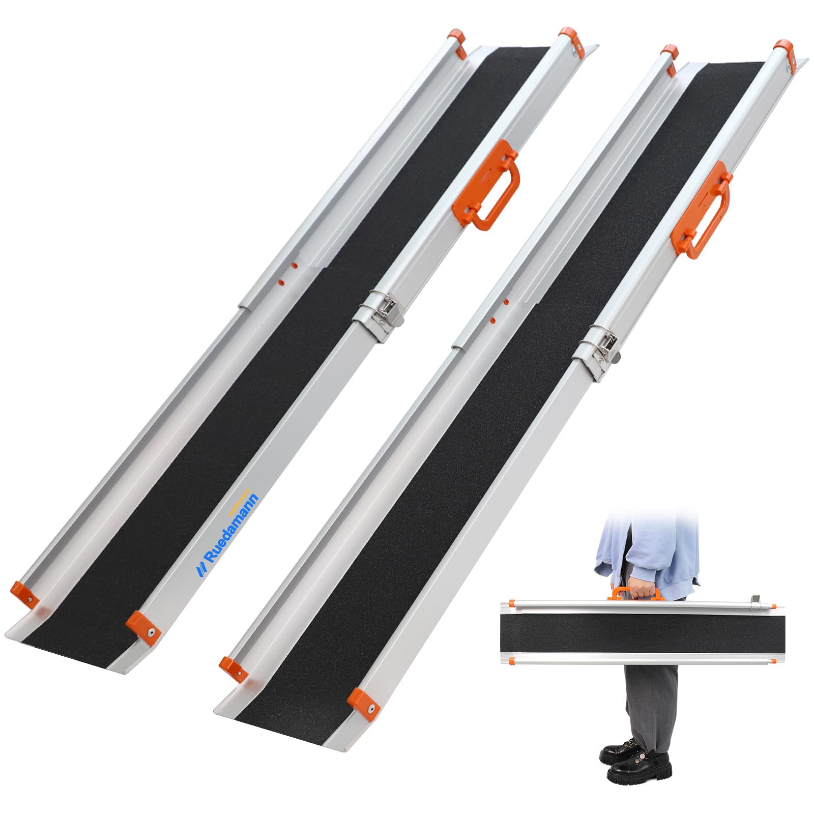 Ruedamann 6FT Adjustable Aluminum Wheelchair Ramp, Usable Width 6.7", 600lbs Capacity,Portable Telescoping Non-Skid Surface Wheelchair Ramp for Home, Stairs, Steps