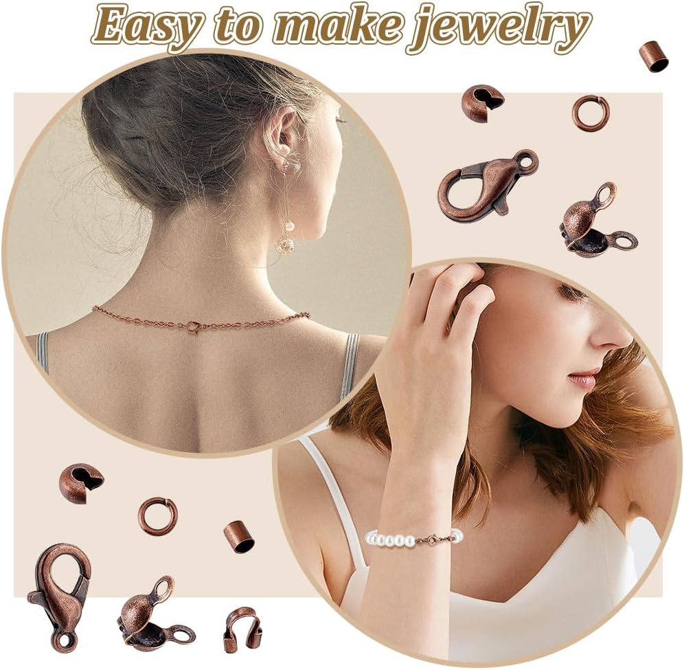 AHANDMAKER 1700Pcs Jewelry Making Accessories Set with Iron Crimp Beads Covers, Zinc Alloy Lobster Claw Clasps, Brass Wire Guardian & End Bead Tips for Necklace Clasps, Red Copper
