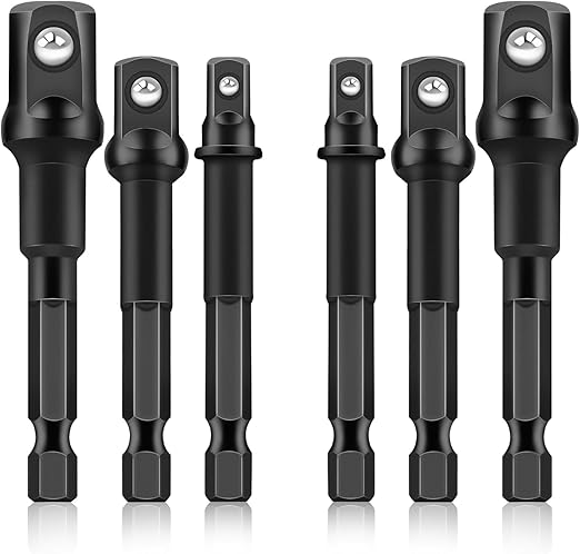 6PCS Impact Grade Socket Adapter Set, 1/4", 3/8", 1/2" Drive Drill Socket Adapter, Premium Cr-V Socket Driver Adaptor, Hex Shank Driver Socket Adapter for Cordless Drill, Screwdriver, Power Drill