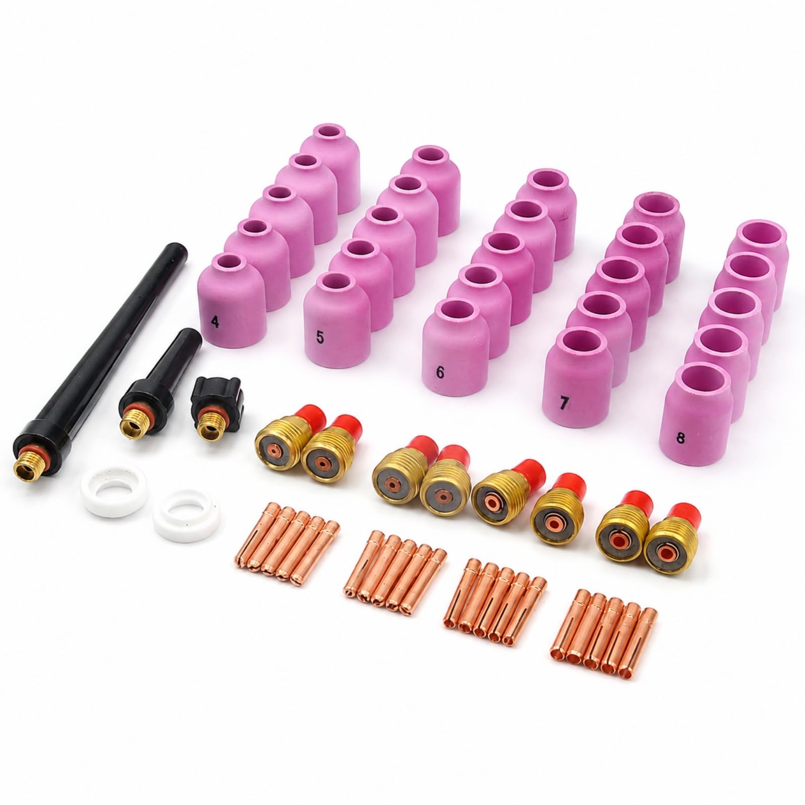 Kit Consumabili Tig Set 58 Pezzi Parti Ricambio Ugelli Lenti Gas Pinze Componenti in Ceramica Rame Plastica Compatibile con WP9 WP25 Adatto per Riparazioni Officine Laboratorio