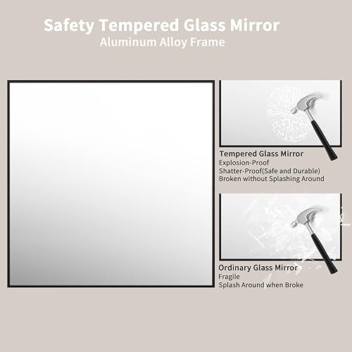 Miniatura 4 de LOAAO Espejo de baño rectangular negro de 36 x 36 pulgadas, marco de aleación de aluminio negro mate, vidrio templado, se cuelga vertical u