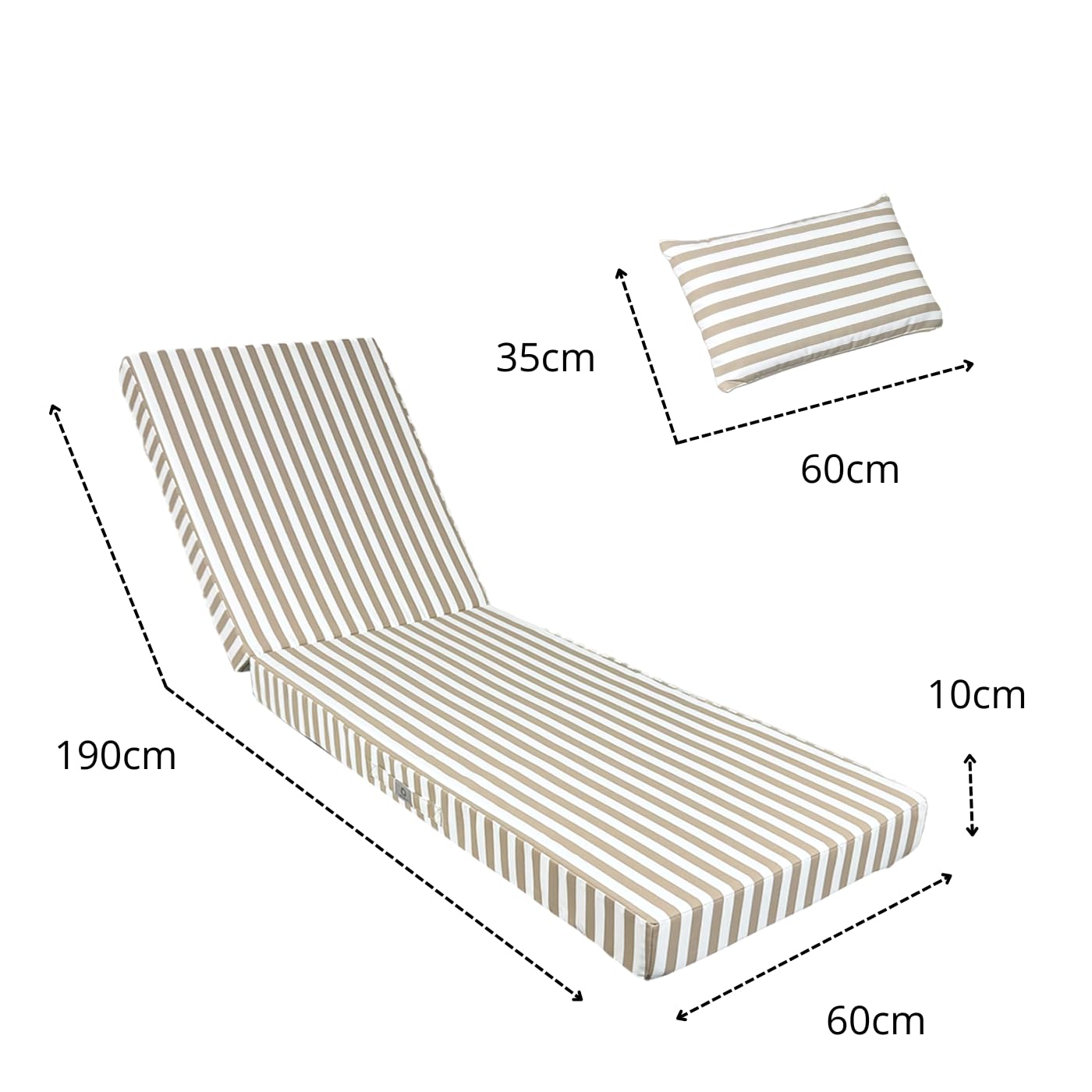 DÉCO Arts Colchoneta Tumbona 190x60x10 cm con Reposacabezas — Cojín Tumbona Desenfundable Repelente al Agua Anti-UV — Tela 270 g/m² Oeko-Tex — Exterior Jardín — A Rayas Beige