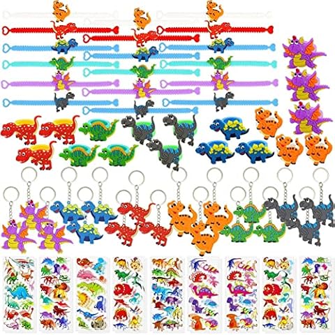 GeeVen 72 PCs Dinosaur Party Favors Dinosaur Bracelets Rings Keychains Stickers Toys Prizes Gift Carnivals for Kids Boys Birthday Party Favor Supplies Goodie Bag Fillers Cover