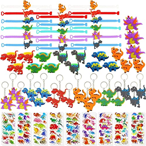 72 PCs Dinosaur Party Favors Dinosaur Bracelets Rings Keychains Stickers Toys Prizes Gift Carnivals for Kids Boys Birthday Party Favor Supplies Goodie Bag Fillers