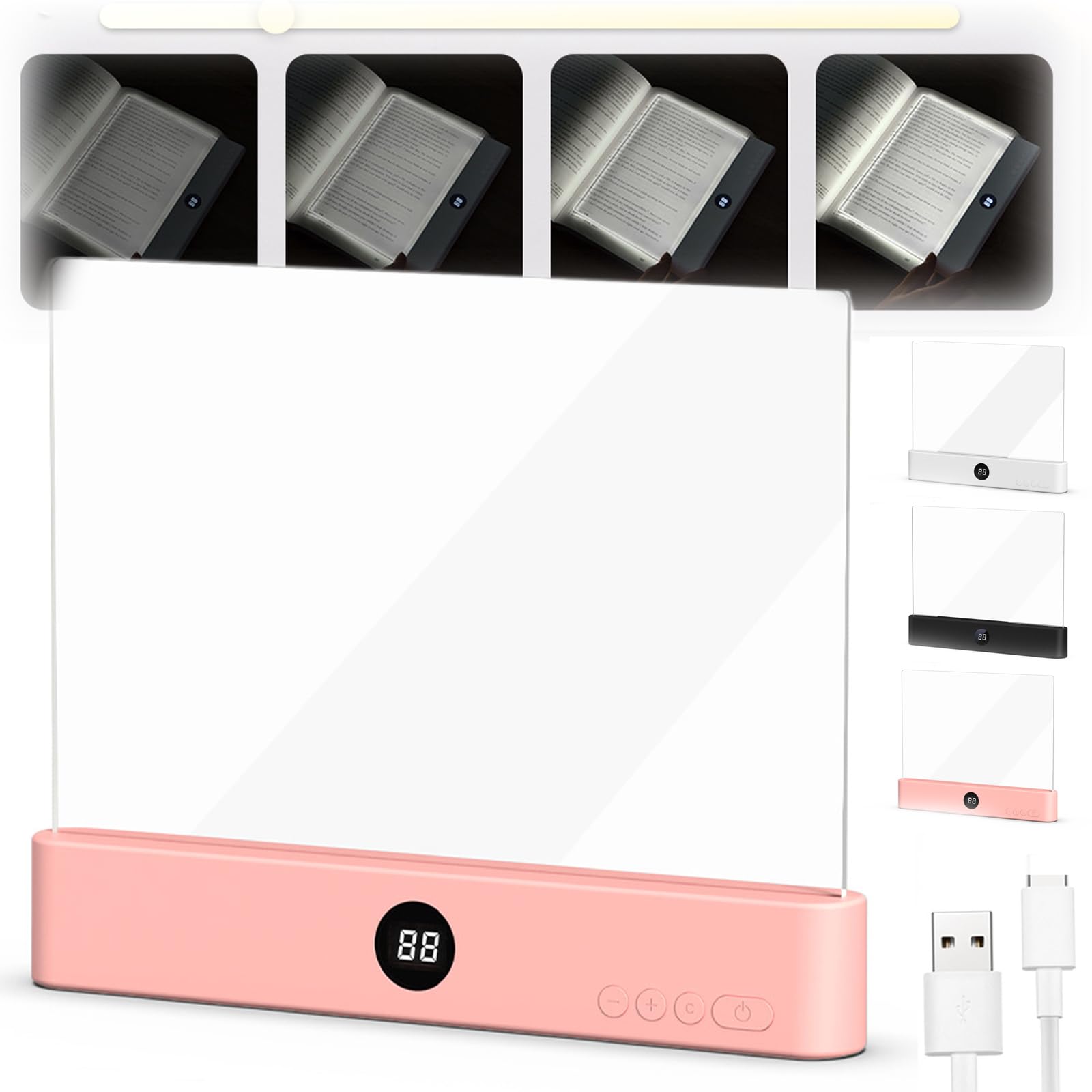 HIDRUO Flat Book Light, LED Book Light, Rechargeable Clear LED Flat Reading Light, 3 Colors Board Wireless, Timer & Memory Function, Bedside Lamp Book Lovers Gifts for Boys and Girls Women Man (Pink)