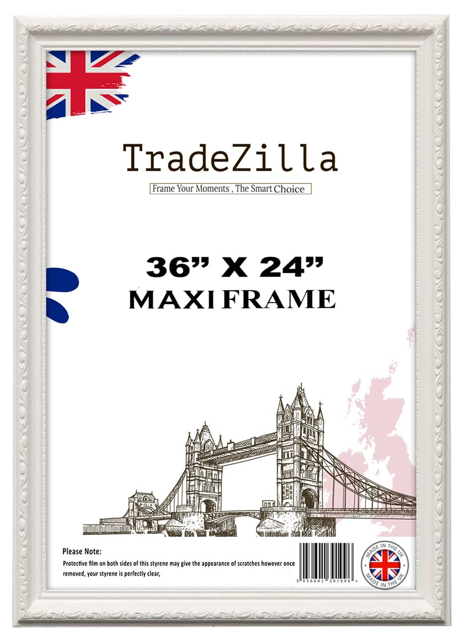TradeZilla Large Maxi White Ornate Shabby Chic 36X24 (91.44X60.96 CM) Picture/Photo/Poster Vintage Antique frame for Art Prints, Vertically or Horizontally, Wall Mounting Hardware Included (White)