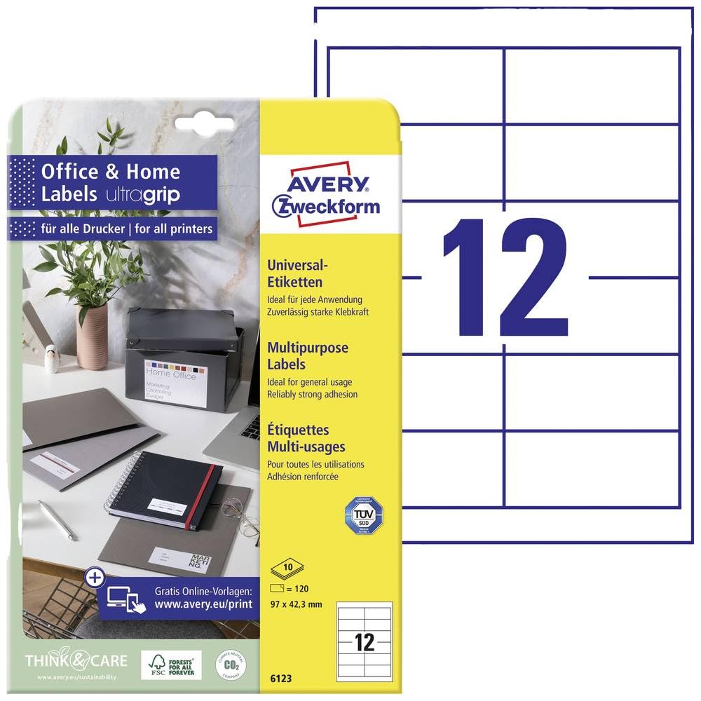 Avery Zweckform 6123 Labels 42.3x97 mm for Inkjet Laser Copy 10 Sheets