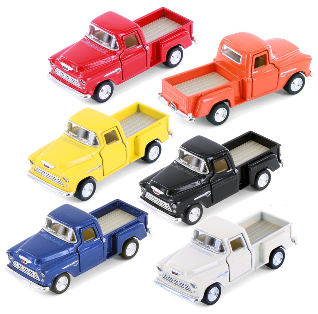 KiNSMART 1955 Chevrolet Stepside Pickup Truck, 3 Inch, 1:54 Scale, Die Cast Metal Model Toy Trucks, 6-Pack