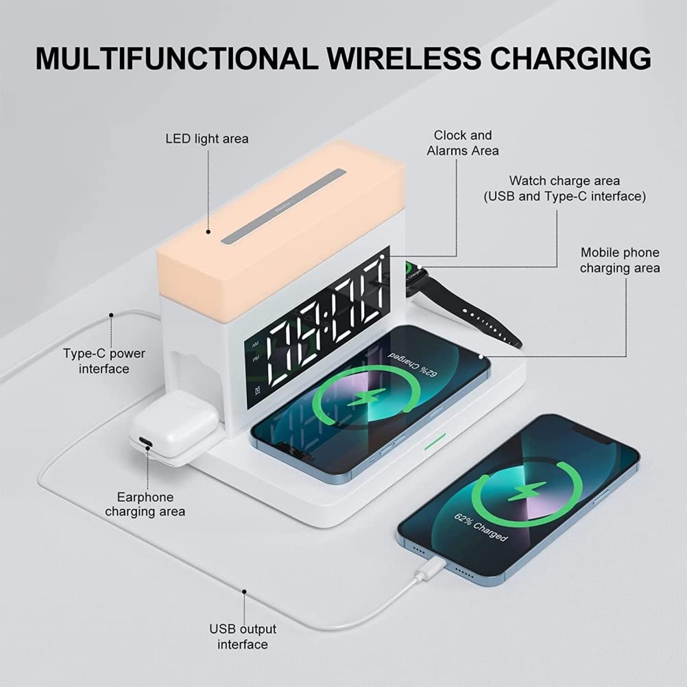 6 in 1 kabellose Ladestation mit LED Nachtlicht Digital Wecker 18W Schnellladung Kompatibel für