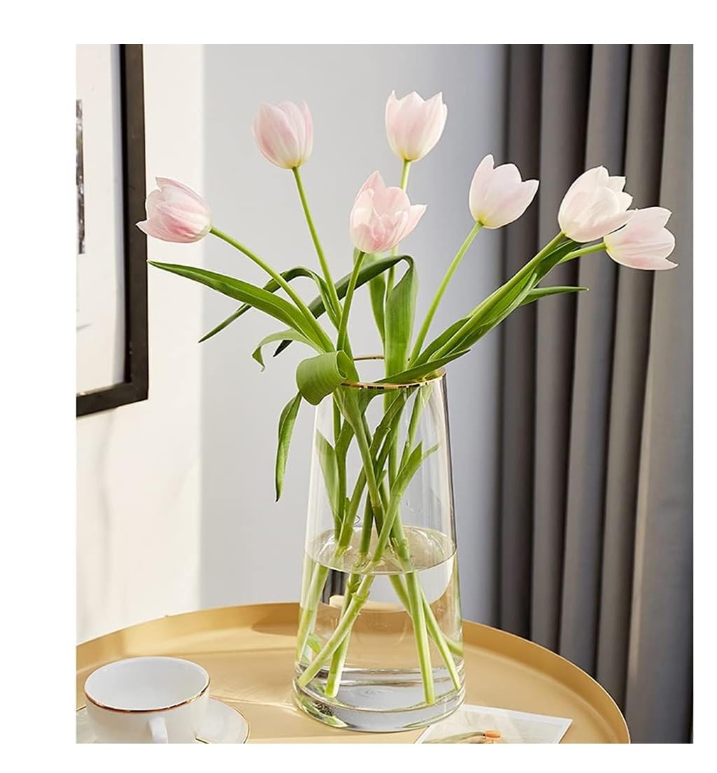 SPHINX Decorative Glass Vase for Flowers Plants Home Decor Office Living Table Decorations, Vases for Home Decor, Luster Glass Vase,Modern - (Clear Golden Rim,Approx 9 Inches)