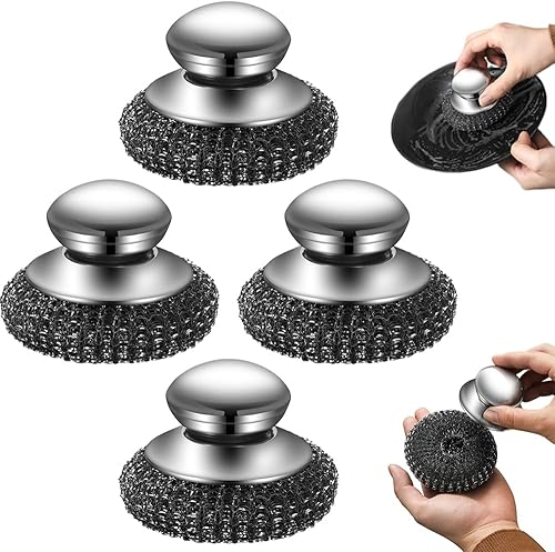 Miniatura 8 de Paquete de 2 fregadores de acero inoxidable, 2025 nuevo limpiador de platos de lana de acero con asa para limpiar platos, ollas de hierro, estufas,