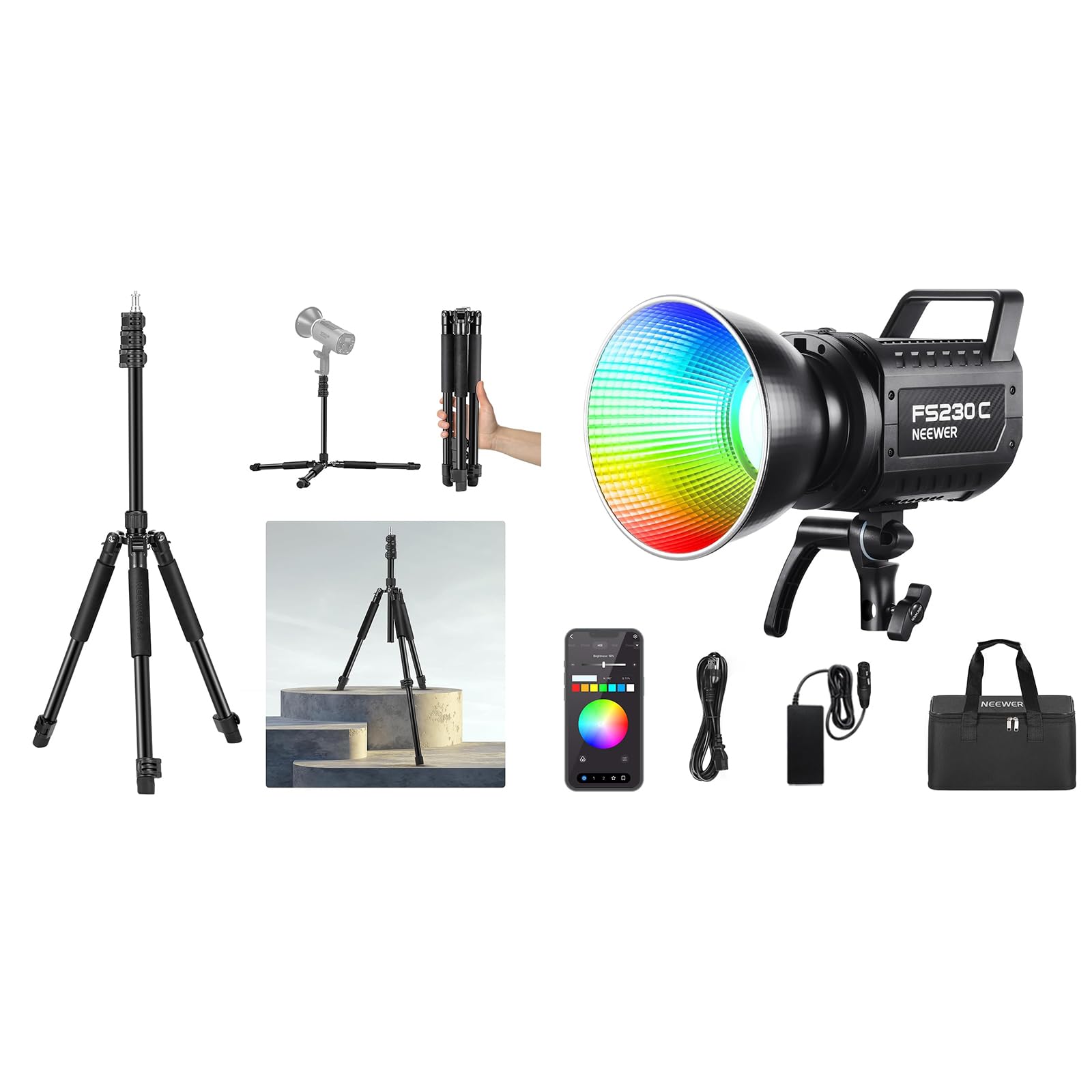 NEEWER ST195 Photography Light Stand 1.5-6.4ft/47-195cm Aluminum Reversible Studio Lighting Tripod for Strobe Camera Softbox + FS230C 230W High Power RGB LED Video Light with APP/2.4G Control