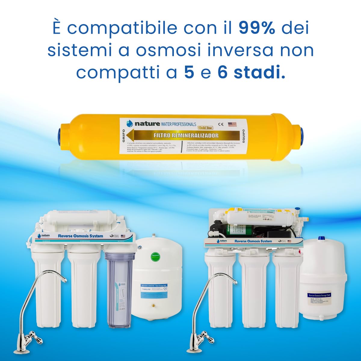 NATURE WATER PROFESSIONALS Filtro rimineralizzante - Ideale come sostituto dell'osmosi inversa - Fornisce ioni di calcio, magnesio, sodio e potassio all'acqua - Professionisti dell'acqua naturale