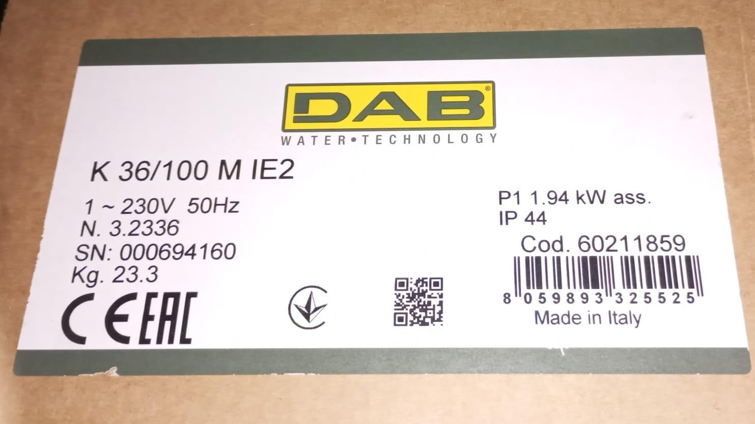 DAB K 36/100 M 2,5 HP Bomba monofásica centrífuga monogirante usos domésticos civiles industriales agrícolas riego