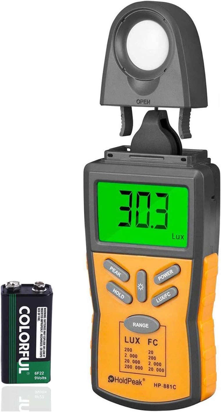 Digital LUX Meter HOLDPEAK 881C Light Meter Measure Range 0.1-200,000 Lux, 0.01-20,000 FC Light Meter with Peak Hold, Lux/FC Unit, Data Hold and LCD Display,Backlight for Plants and LED Lights