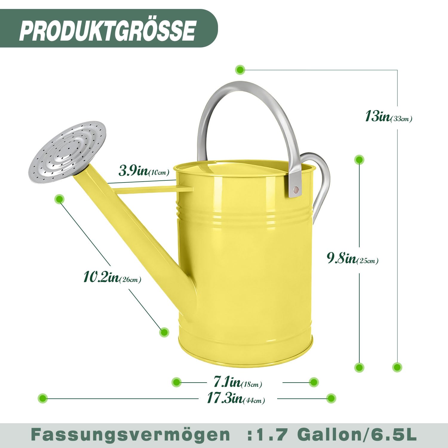 6,5L Metall-Gießkanne für Außen- & Zimmerpflanzen, verzinkte Stahl-Gießkanne mit abnehmbarem Ausguss, beweglichem Tragegriff, rostbeständigem Gießtopf für Garten, Rasen und Blumen