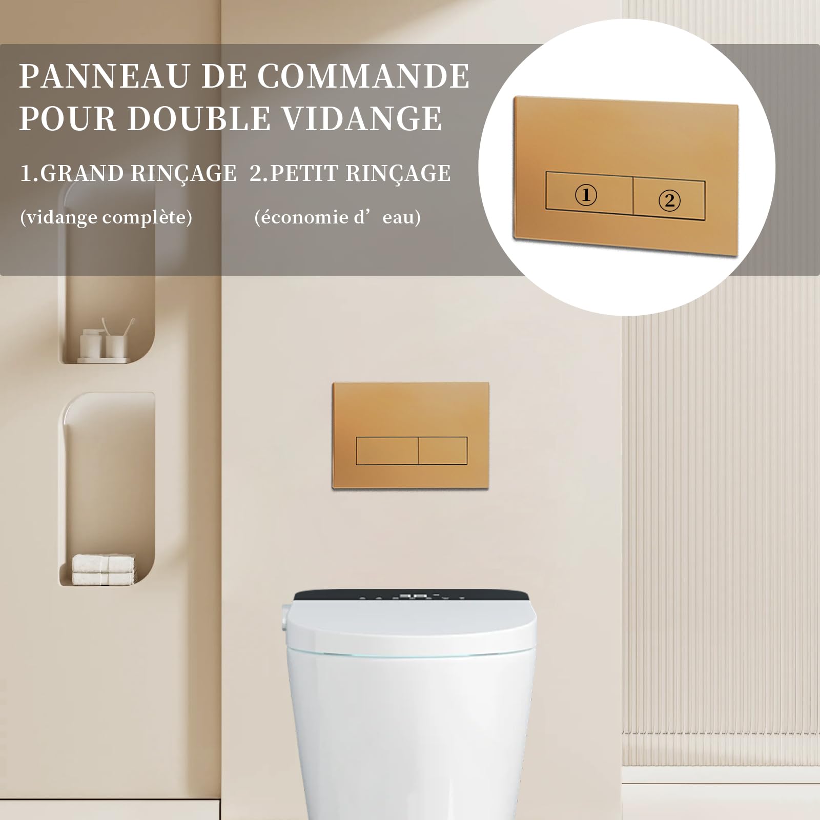 Plaque de Commande WC Double Chasse, Compatible avec Geberit Sigma 01/20/30, UP300 & UP320, avec Cadre et Leviers de Chasse, Dimensions 245 × 164 mm (Or Mat)