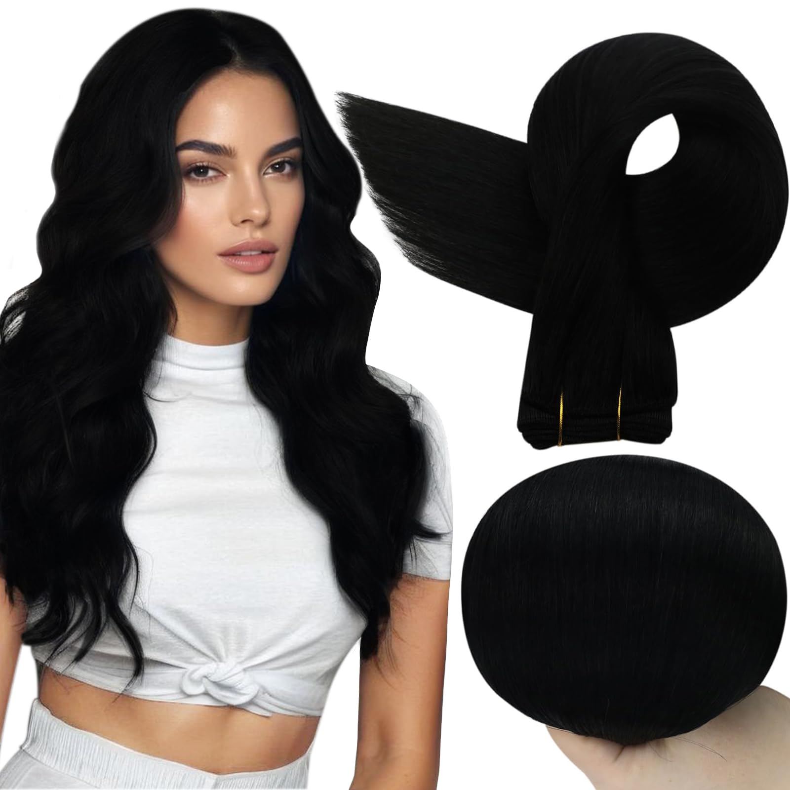 Full Shine Sew In Weft Hair Extensions Human Hair Weft Jet Black Hair Wefts Remy Human Hair Silky Straight Hair Extensions Sew In Weave Bundles Human Hair Double Weft Long Straight 24 Inch 105G