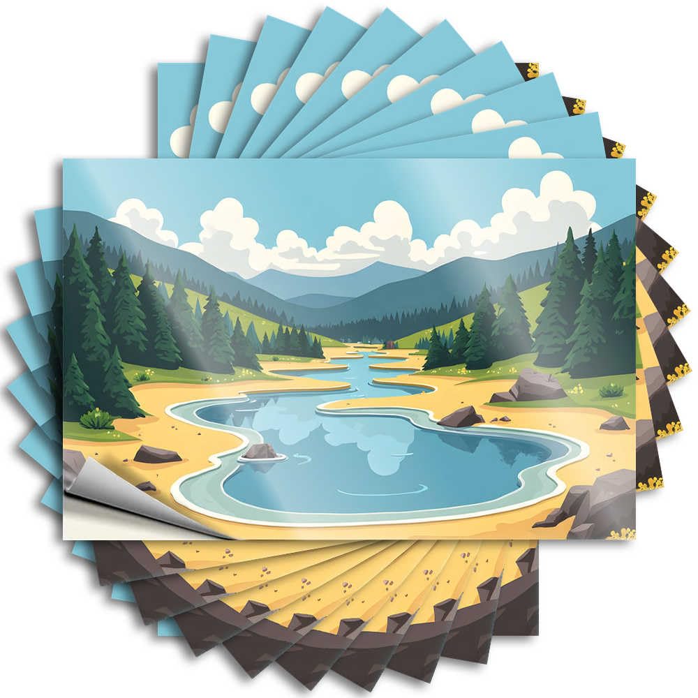 Fzfn Colour Stuff For Room Decal Hat | Serene River Valley With Lush Greenery And Majestic Mountains Fluffy Texas Sticker Pack(12X18cm)