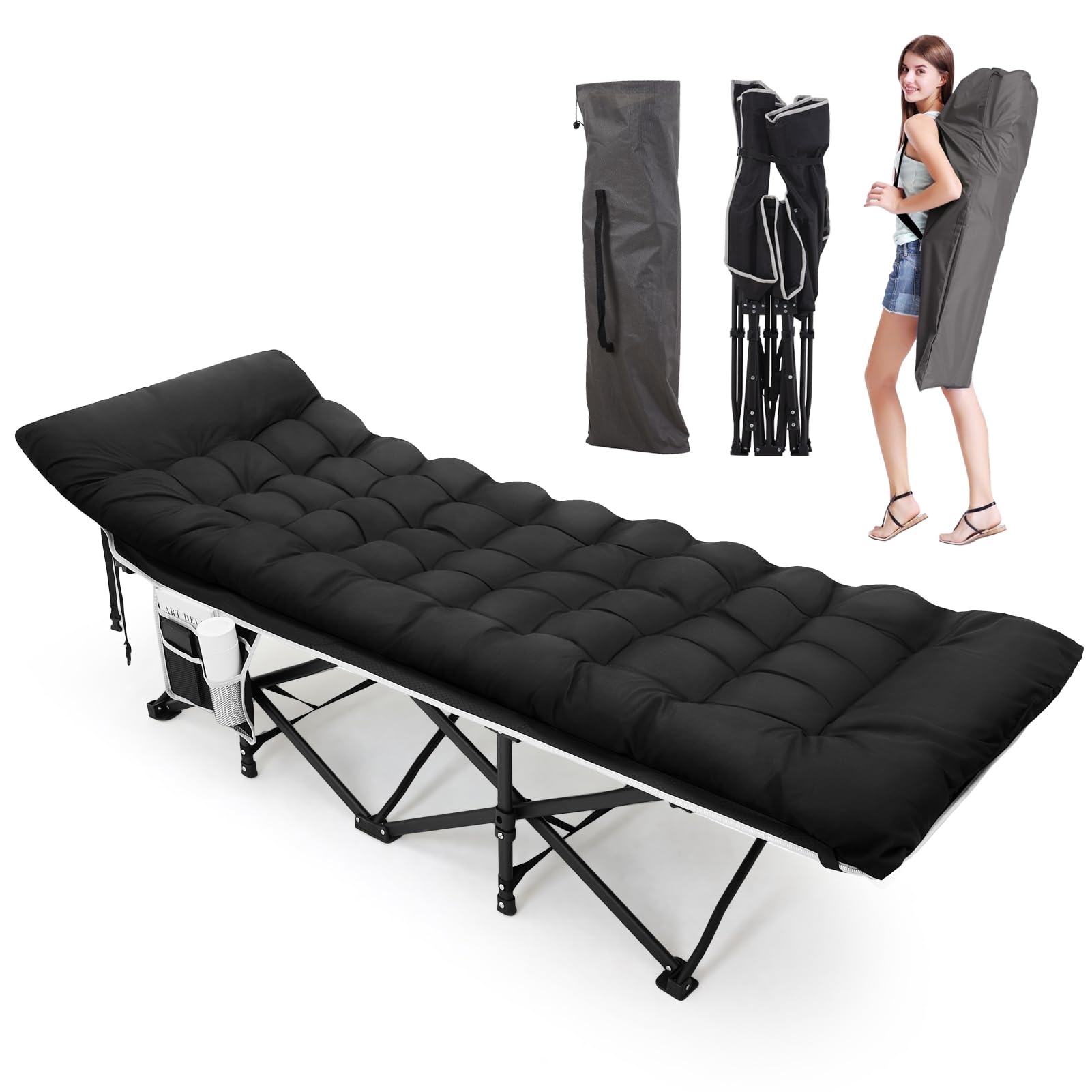 Warmiehomy Oversized Camp Bed for Adults with Thick Pad, Folding Camping Cot with Carry Bags, Durable Sturdy Travel Cot, Portable Tent cot for Fishing, Hiking, Truck, Beach, Supports 616 lbs (Black) — image 1