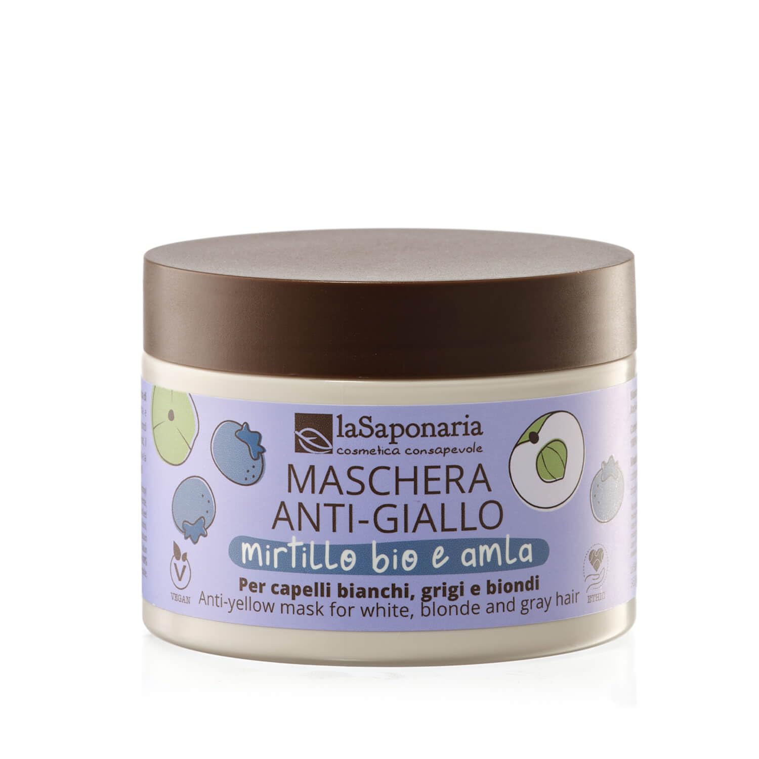 La Saponaria | Maschera capelli Anti-​Giallo: trattamento naturale al 100% con Mirtillo Bio e Amla, ideale per neutralizzare i riflessi gialli su capelli bianchi, grigi o biondi. Formato 200 ml.