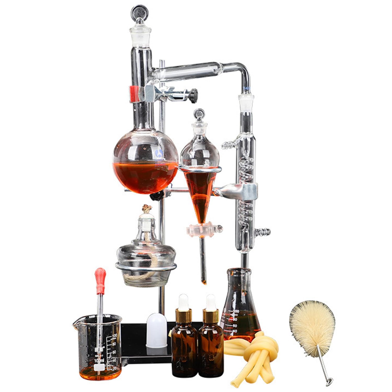 Kit De Destilación De Cristalería De Laboratorio, Aparato De Extracción De Aceites Esenciales De 100 Ml/500 Ml, Equipo De Destilación con Lámpara De Alcohol De Matraz De Tubo Condensador
