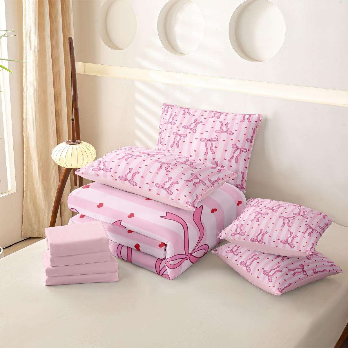 Loussiesd Copripiumino con lenzuola, 7 pezzi, per letto singolo, con grazioso fiocco kawaii, cuori, letto in una borsa, per bambini, ragazzi e ragazze, set di biancheria da letto a righe geometriche