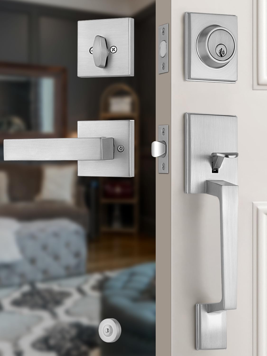 EHOMEWARE Brushed Nickel Front Door Lock Set with Deadbolt, Exterior Door Handle with Single Deadbolt, Front Door Handle and Deadbolt Set, Entry Door Handle with Interior Door Lever