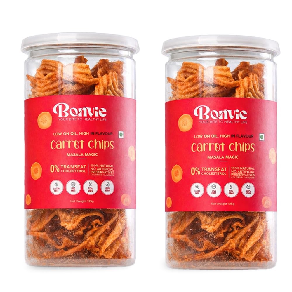 Bonvie Carrot Chips Light & Crispy | Healthy Veg Snack | High Fiber & Beta Carotene Rich | 100% Natural, No Preservatives, No Palm Oil | Vegan & Gluten Free | Antioxidant Snack 125g - Pack of 2-image-7