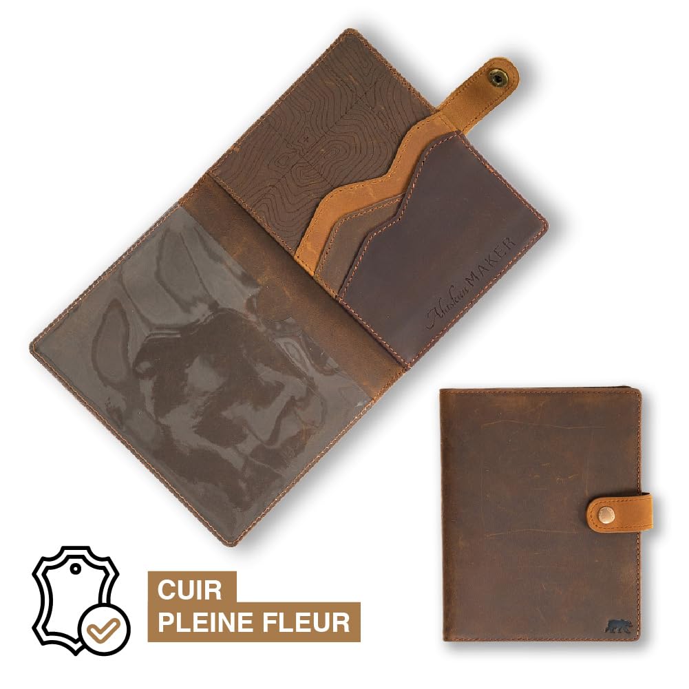 Alaskan MAKER - Étui à Carte Grise en Cuir Pleine Fleur - Rangement Documents Voiture & Cartes - Protection RFID - Fermeture Sécurisée Bouton Pression - Format Compact et Résistant (Wood)